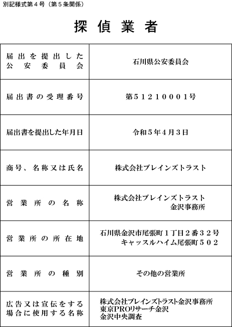 《探偵》富山中央調査 北陸,富山県,石川県 金沢
探偵業届出